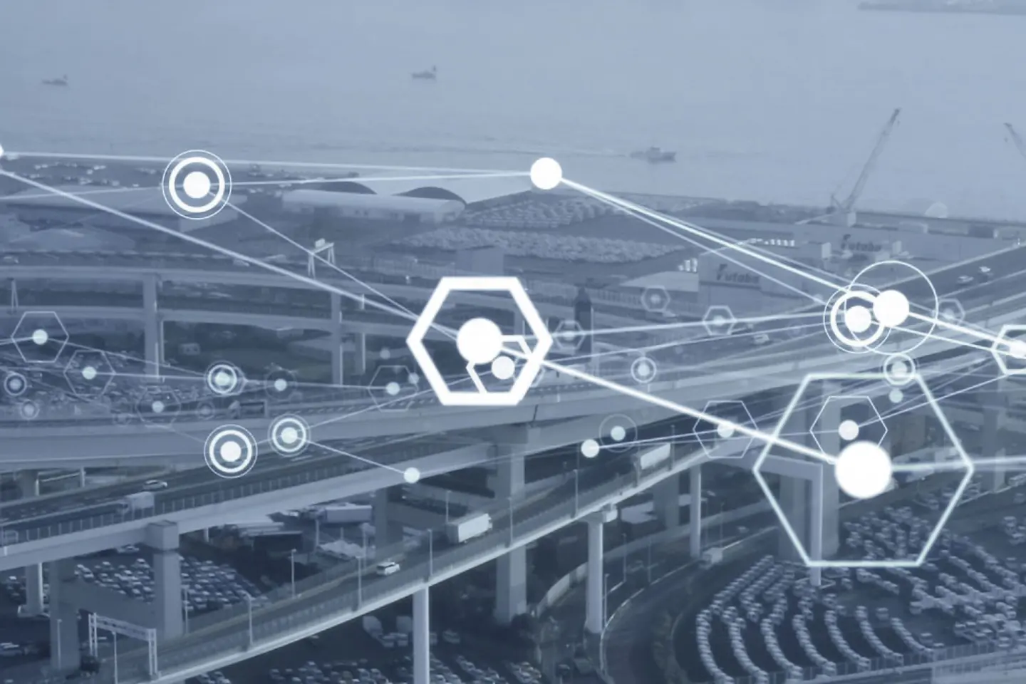 Eine Stadt mit Brücke überlagert mit Vernetzungen