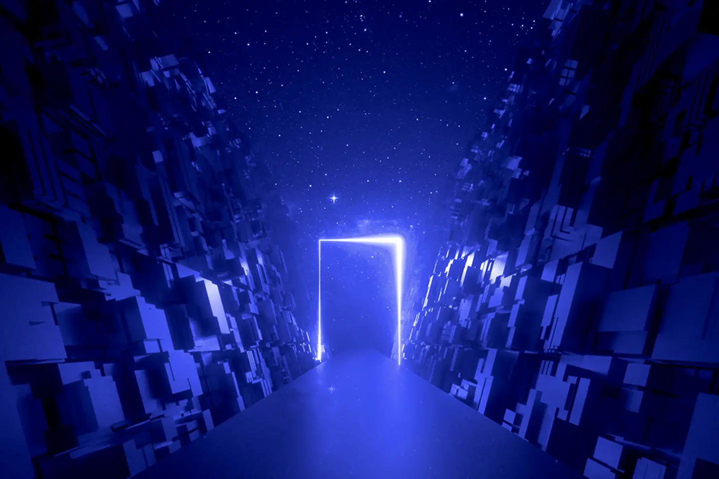 Porte lumineuse dans le cyberespace, route entre des murs de blocs sous le ciel nocturne