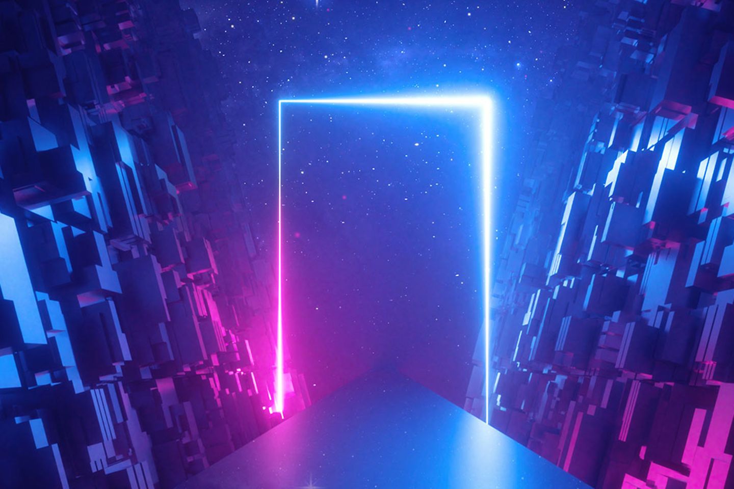 Neon frame in abstract room under starry sky