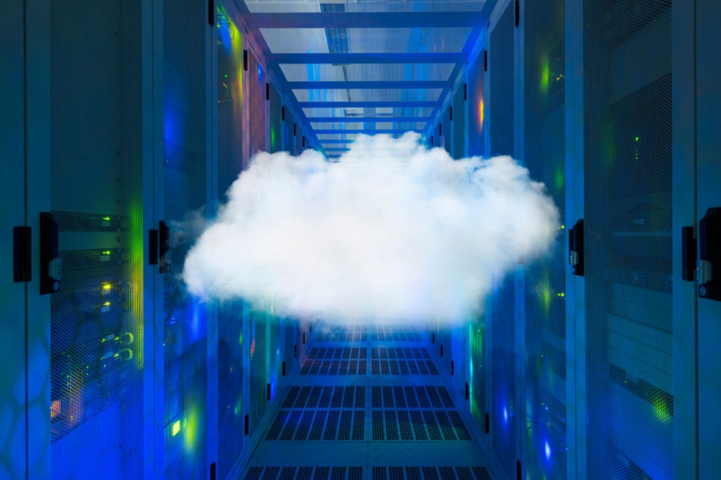 A white cloud floats in a server room