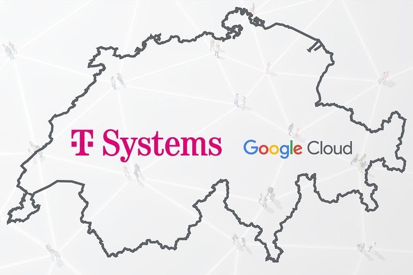 Karte der Schweiz mit T-Systems und Google Cloud Logo