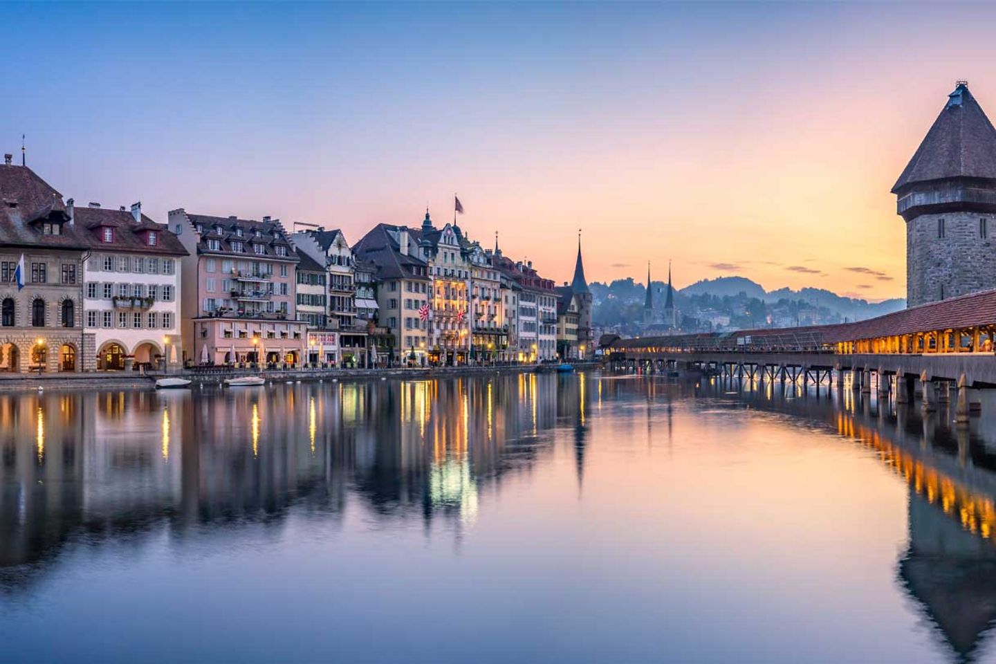Lucerne old town with chapel bridge and water tower, Switzerland