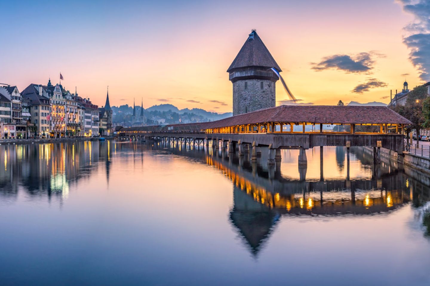 Lucerne old town with chapel bridge and water tower, Switzerland