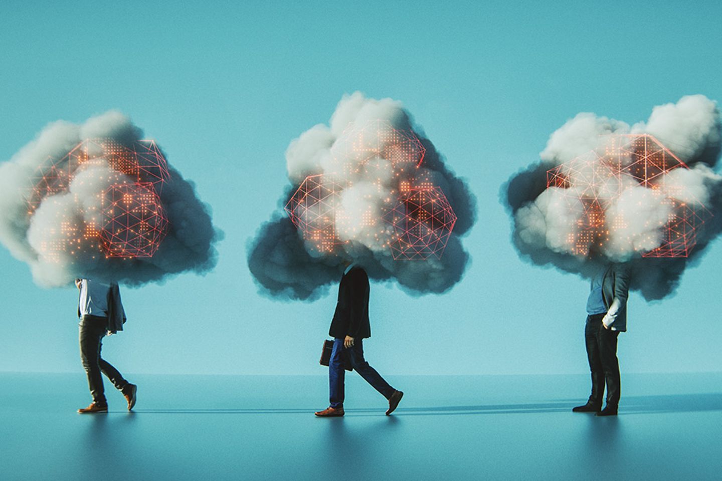 3 Geschäftsleute gehen mit einer Wolke über dem Kopf