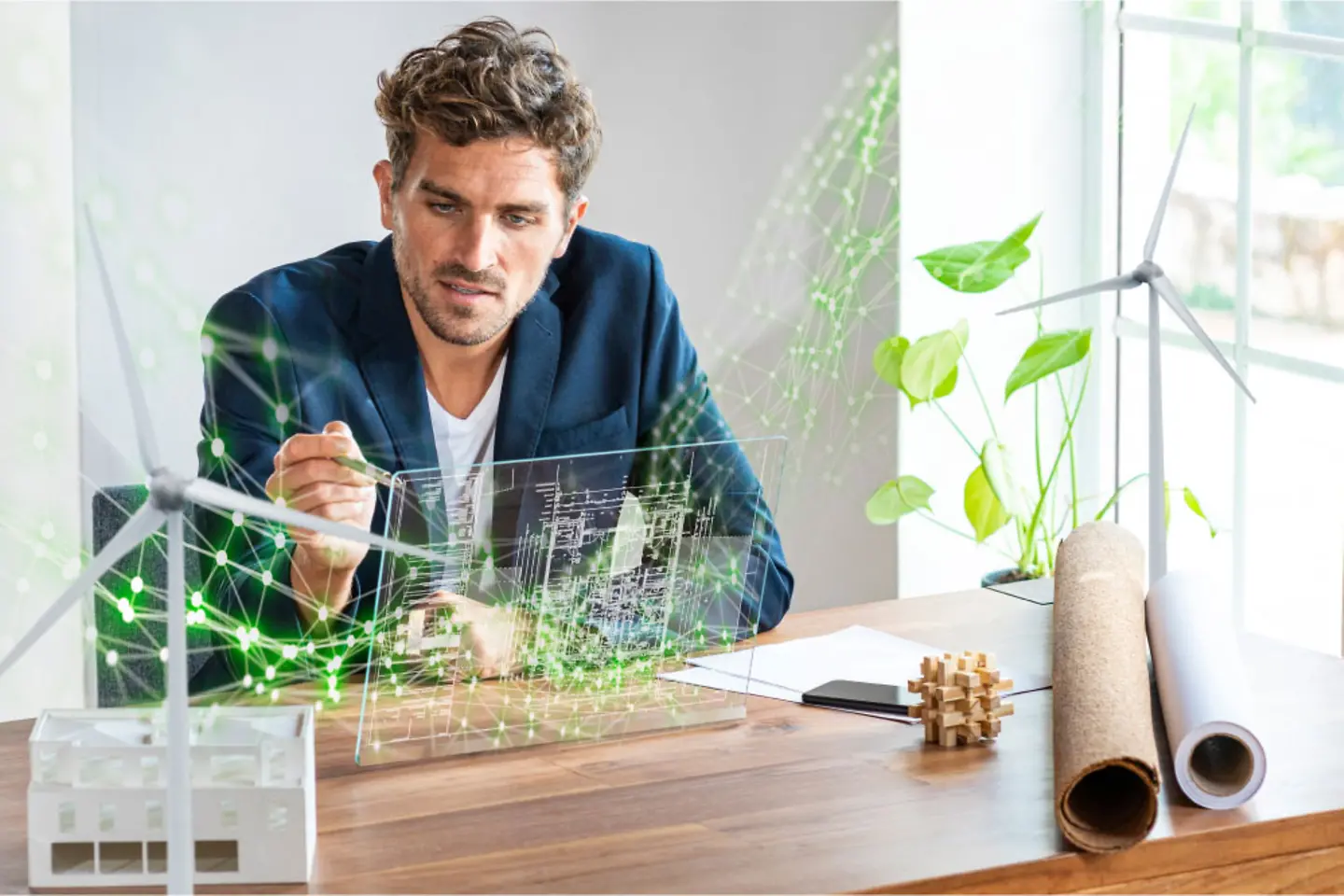 Man zit aan een bureau en kijkt op een tablet