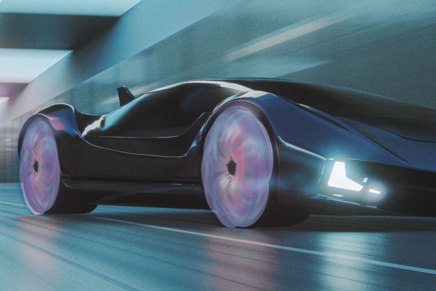 futuristischer generischer Konzept-Sportwagen, der auf der Stadtautobahn rast. Vollständig 3D-generiertes Bild.