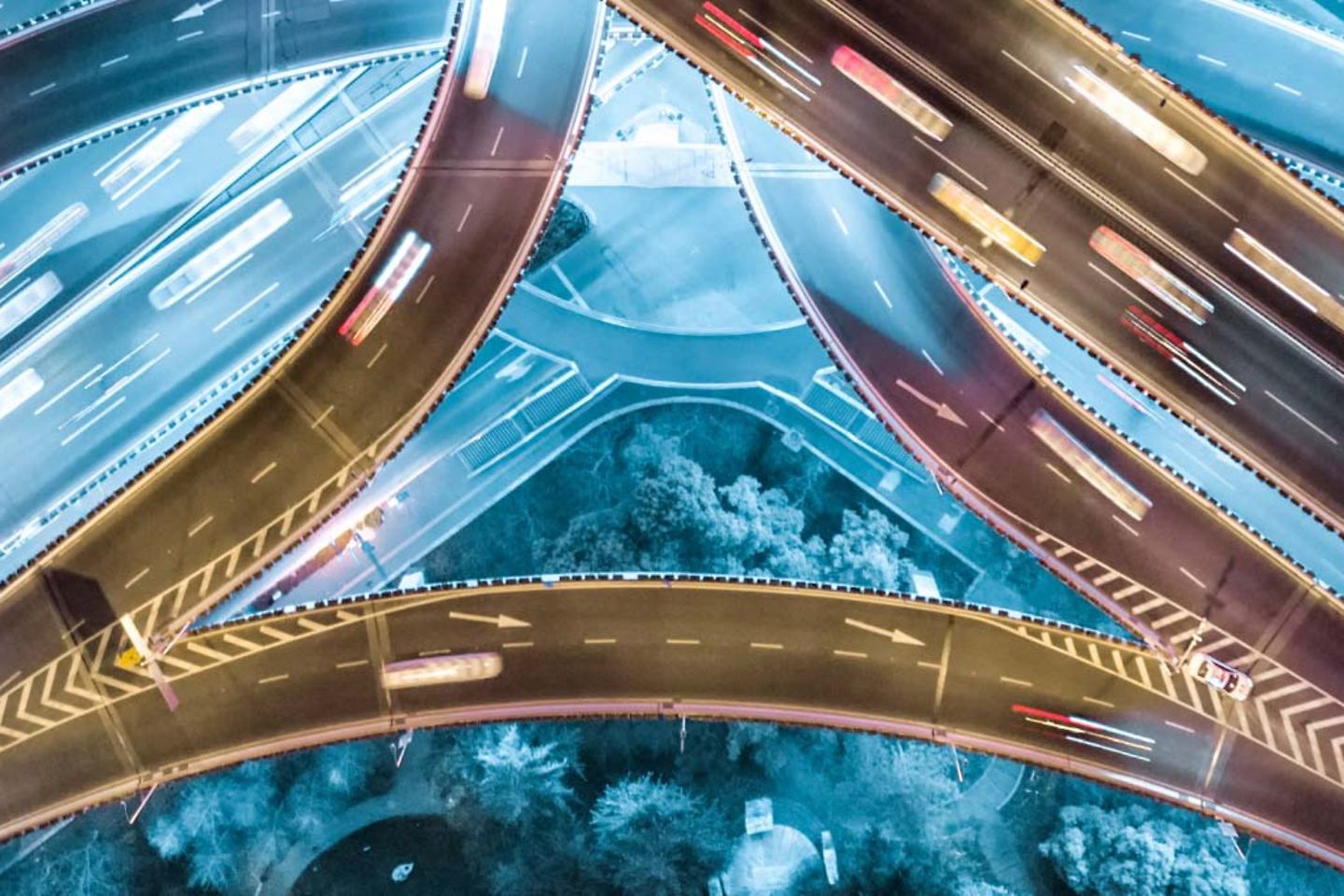 Overhead view of a highway junction at night