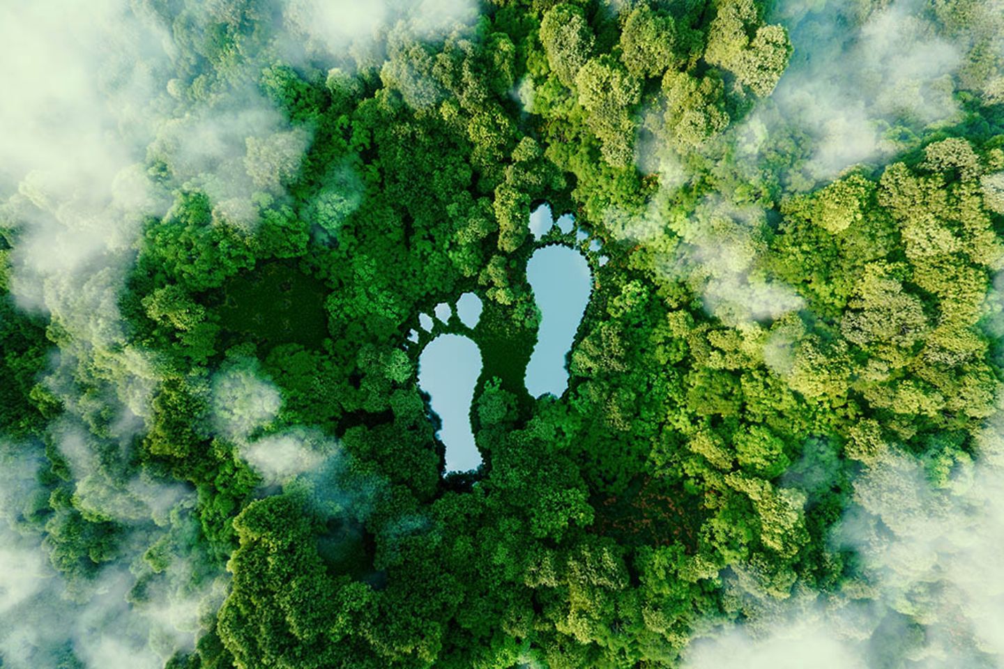 Two lakes in the form of footprints in the middle of the forest