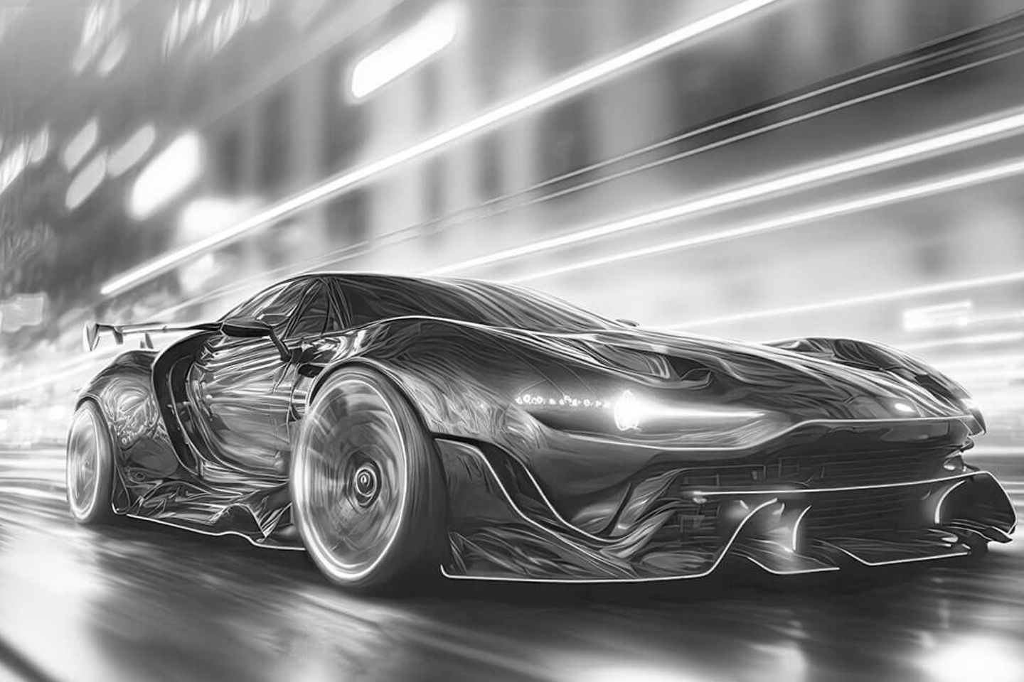 modern sports car in black and white