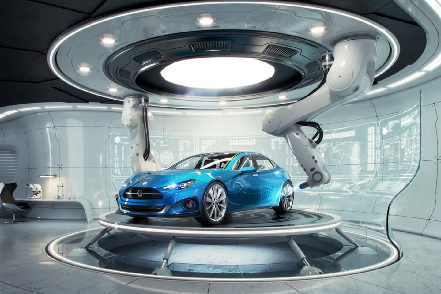 Automóvil en laboratorio futurista