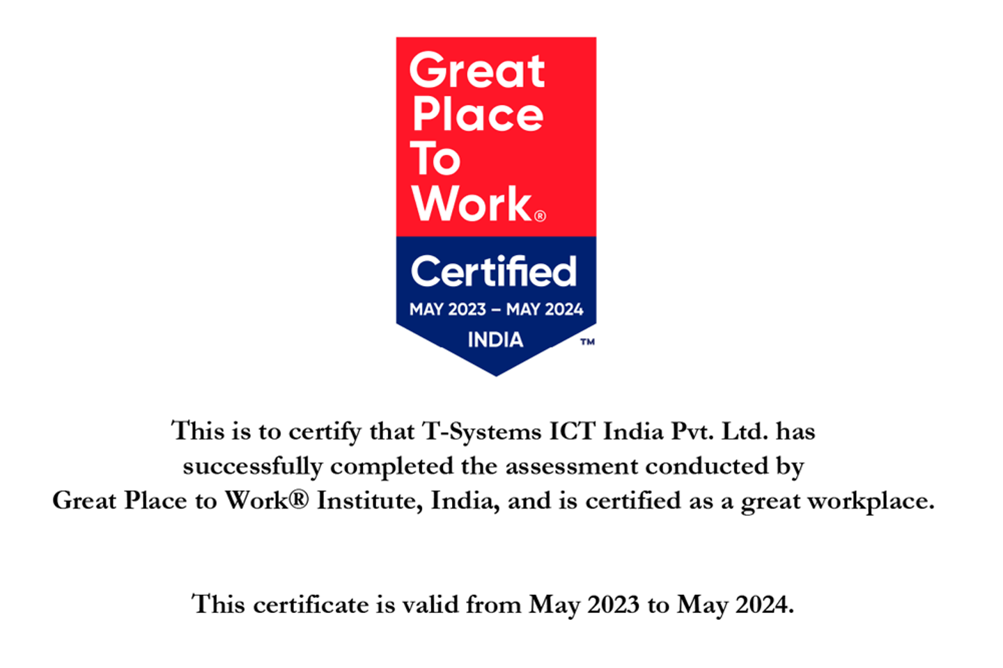 Certificate by Great Place to Work® Institute, India