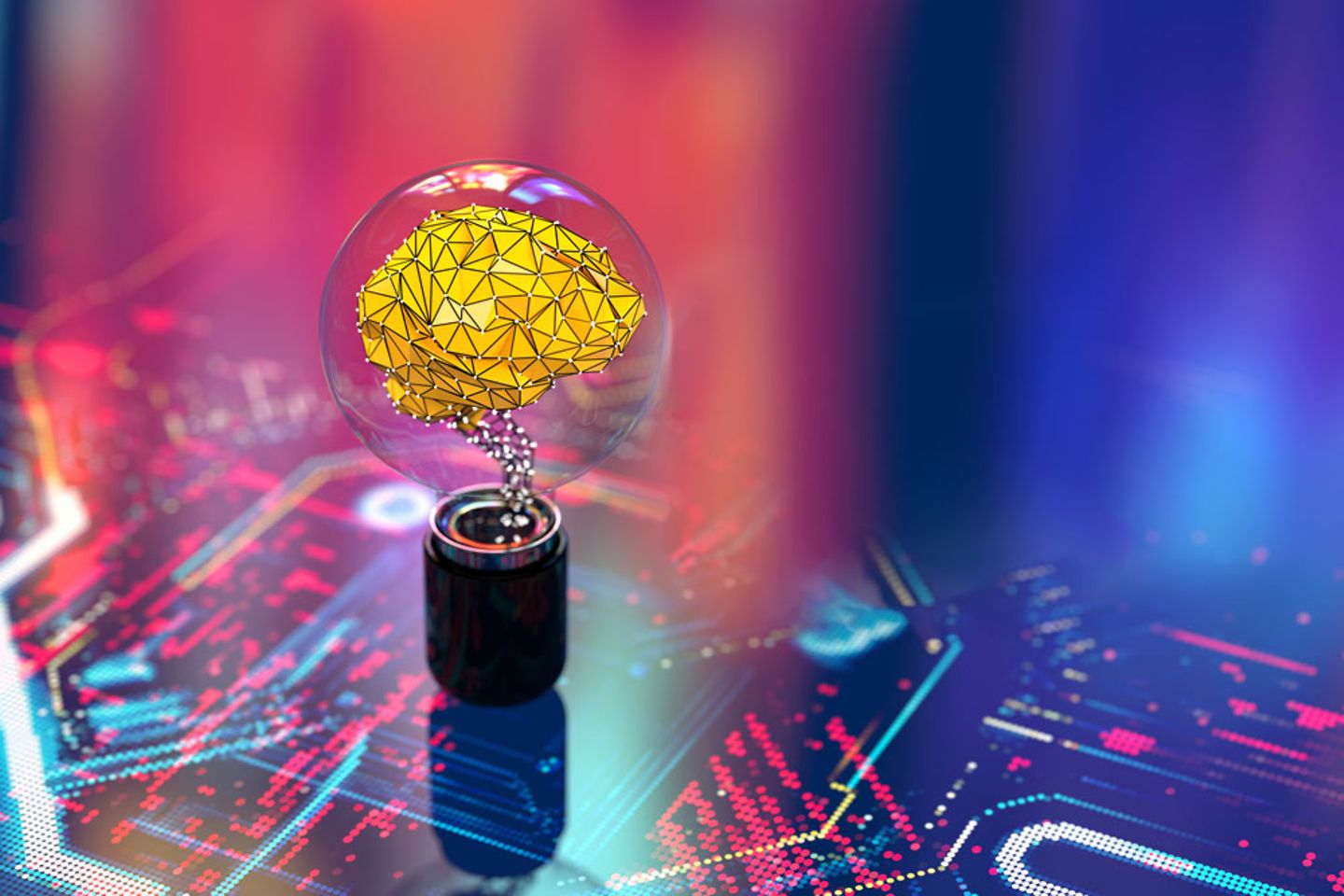 A brain made of polygons in a light bulb on a colorful circuit board