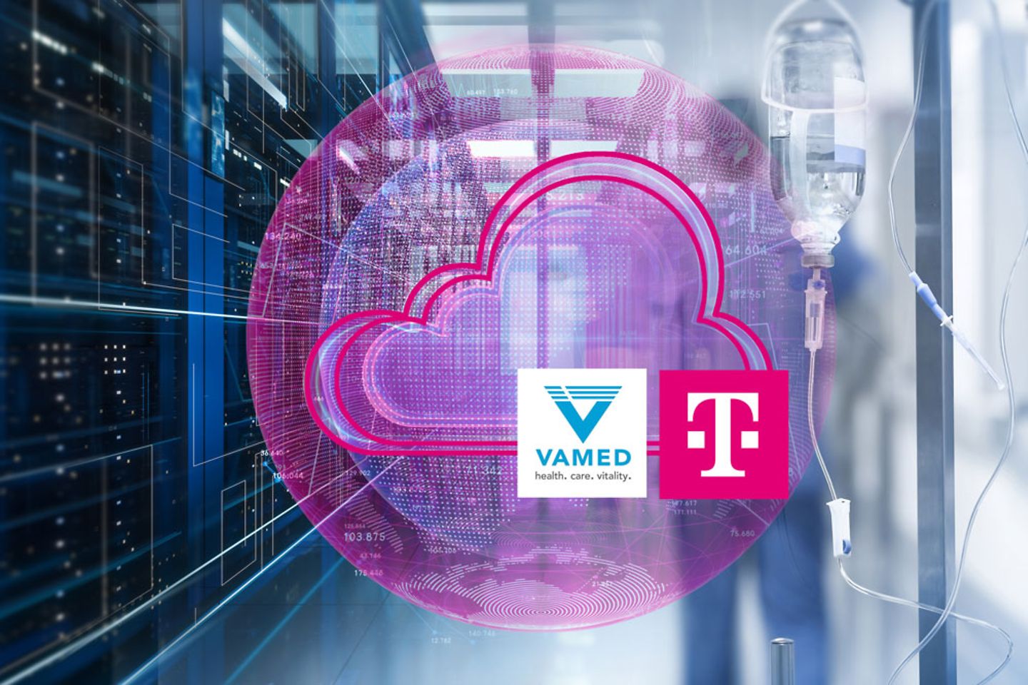 Serverraum links, Person in Krankenhauskleidung rechts, magentafarbene Wolke mit Vamed- und Telekom-Logo im Vordergrund