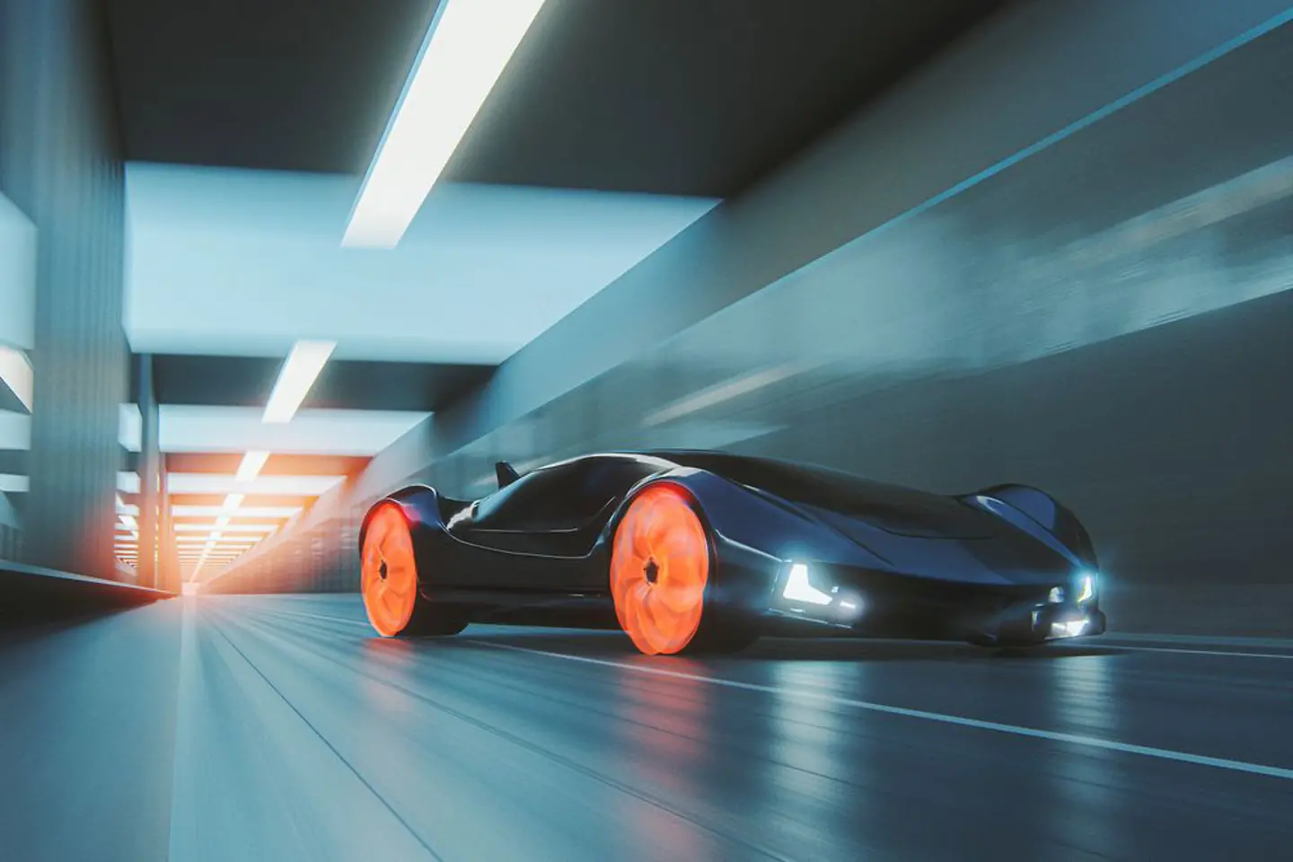 Coche futurista atravesando un túnel bien iluminado
