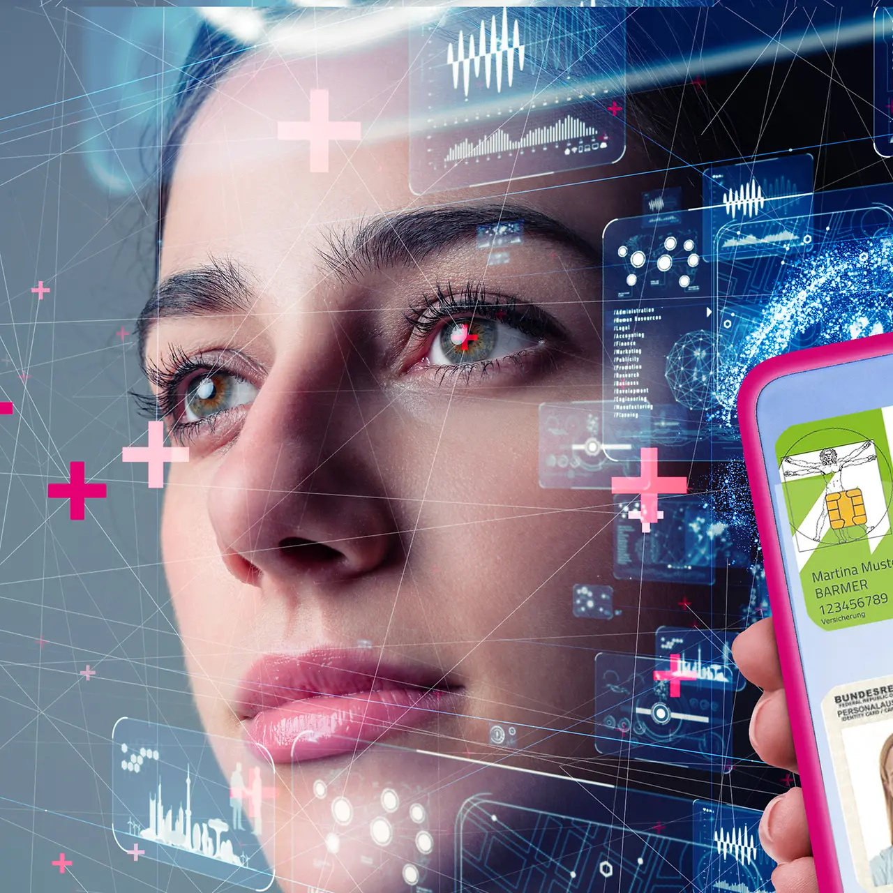 Rostro de una mujer joven con un móvil con la tarjeta sanitaria digital en primer plano