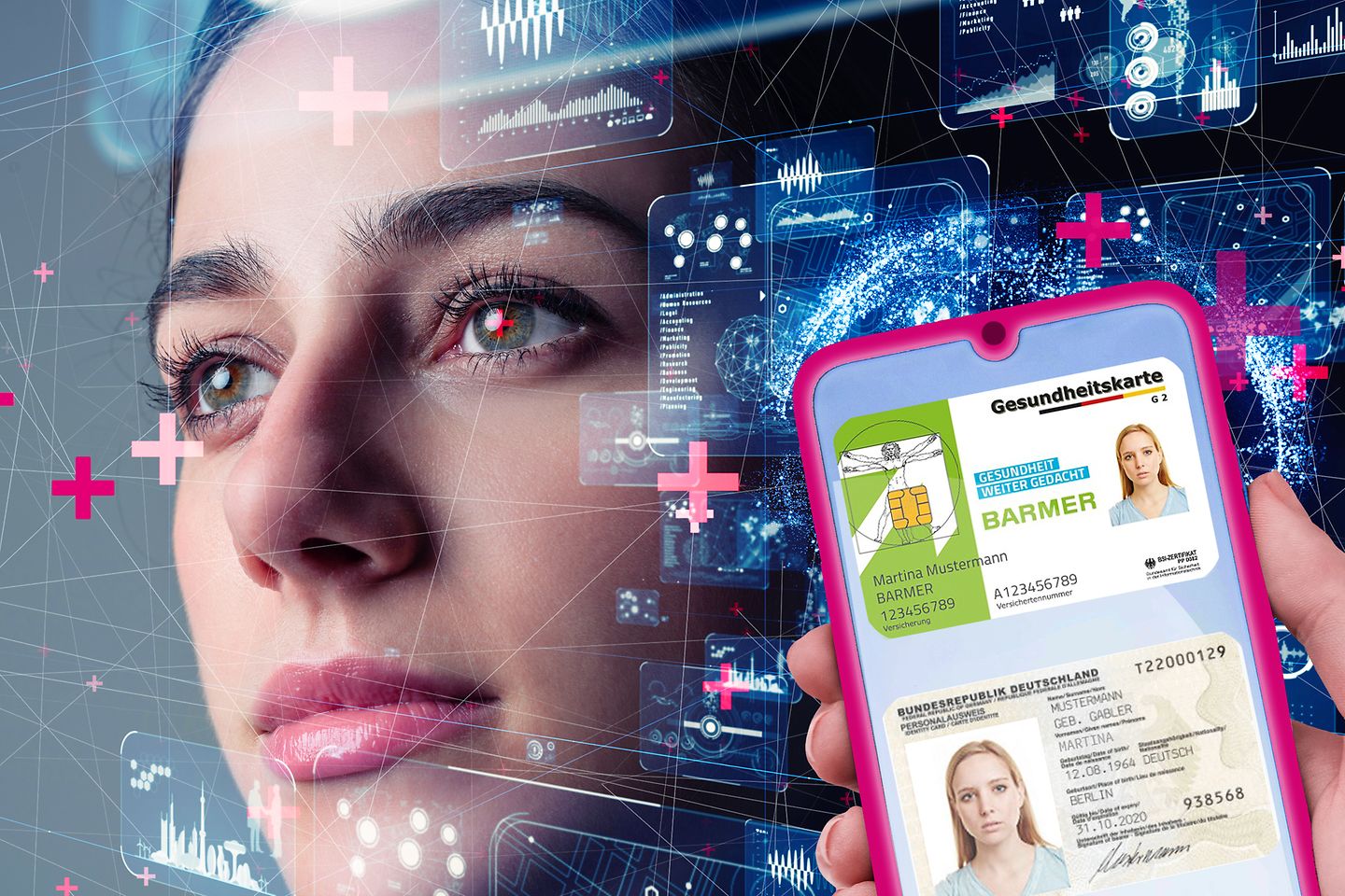 Rostro de una mujer joven con un móvil con la tarjeta sanitaria digital en primer plano