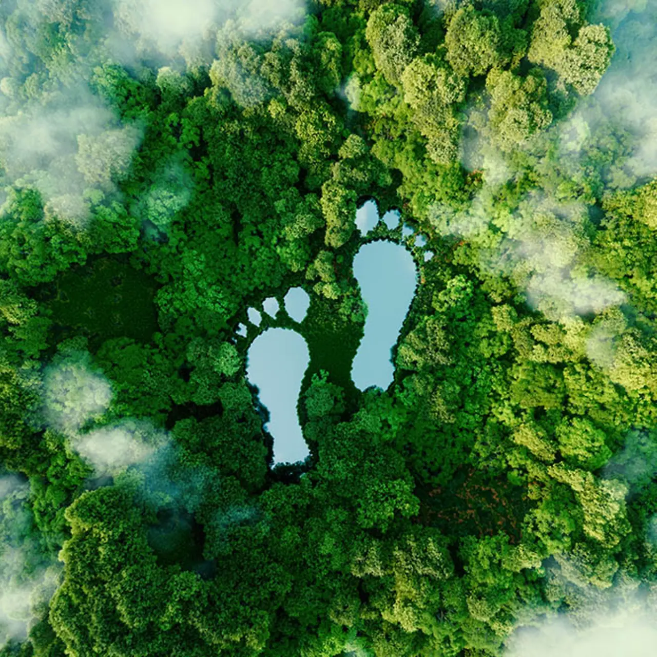 Lakes in the form of footprints in a dense forest