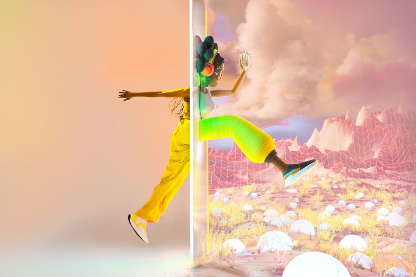 Graphic of young woman jumping from plain to cloud