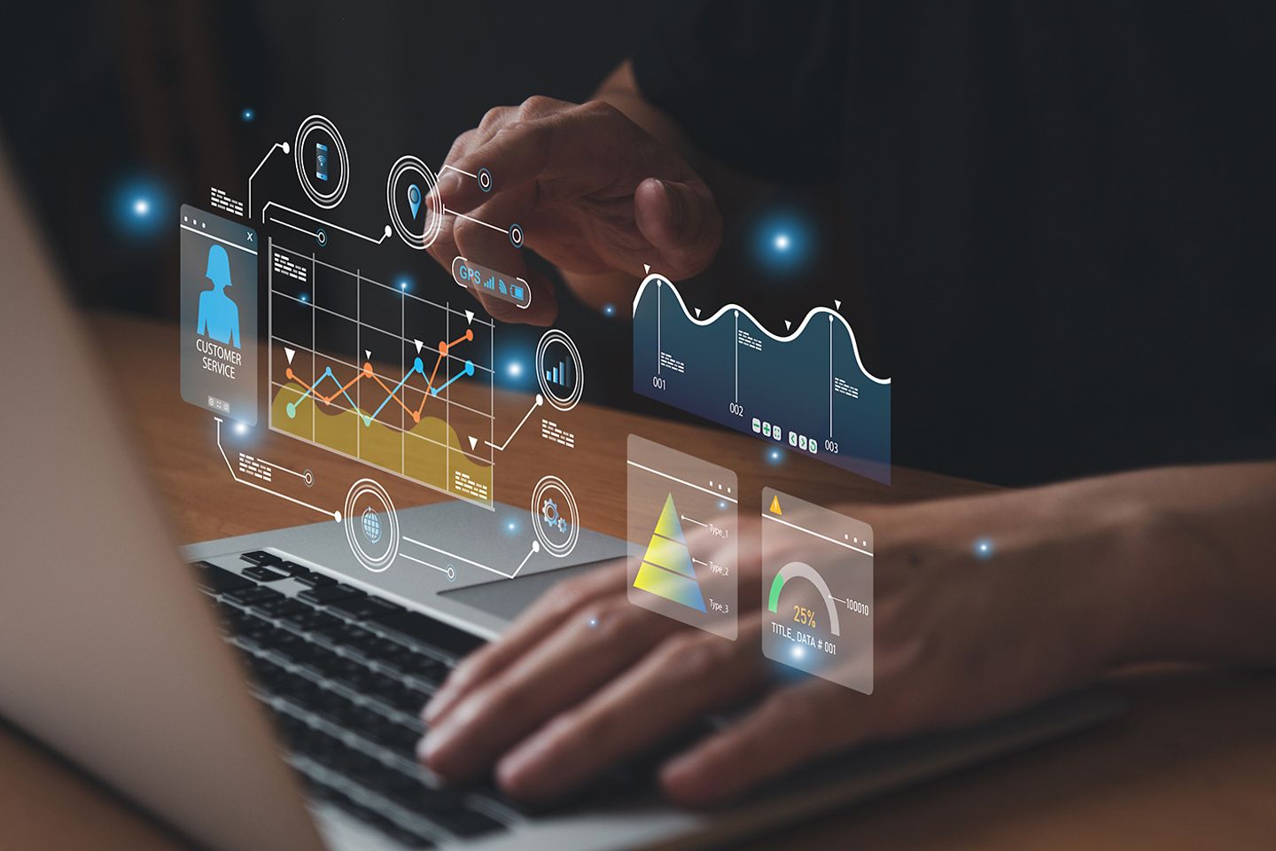 Employee using the cloud to analyse data for insights