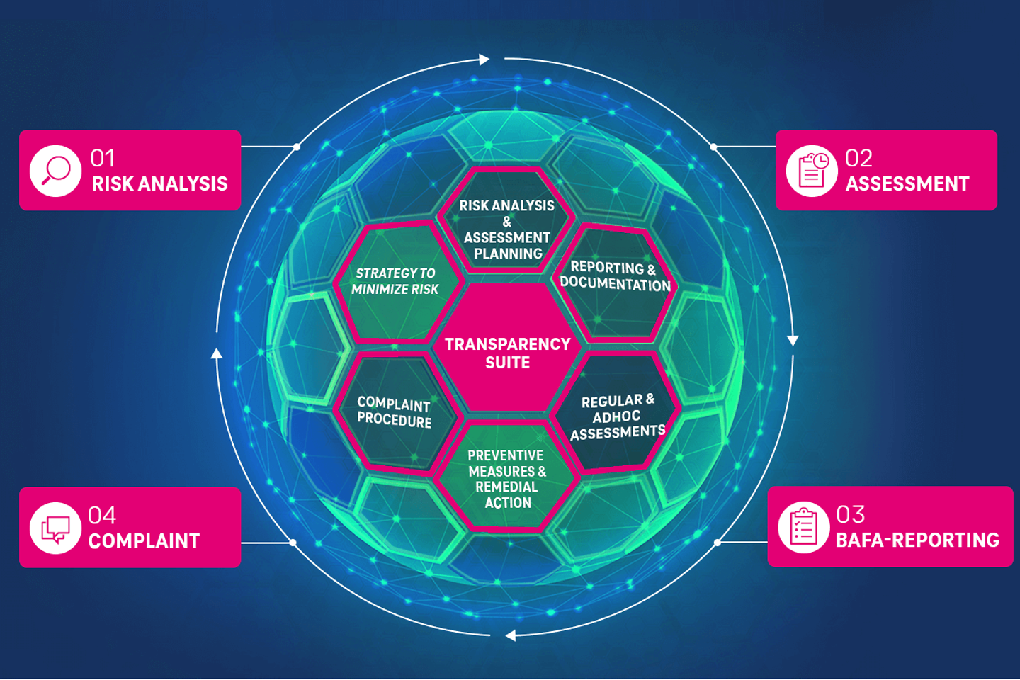 A graphic illustrates the Transparency Suite process in the form of a globe