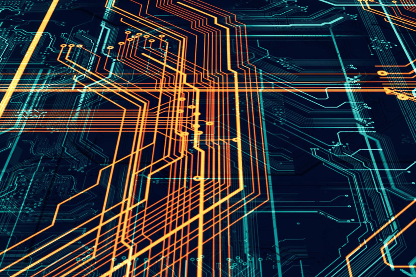 Abstracte printplaat met gekleurde circuits op zwarte achtergrond