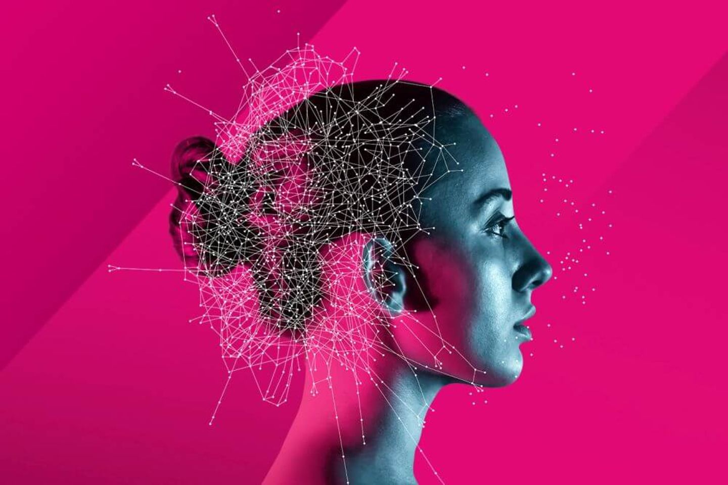 Representation of human and machine become one by means of a woman's head