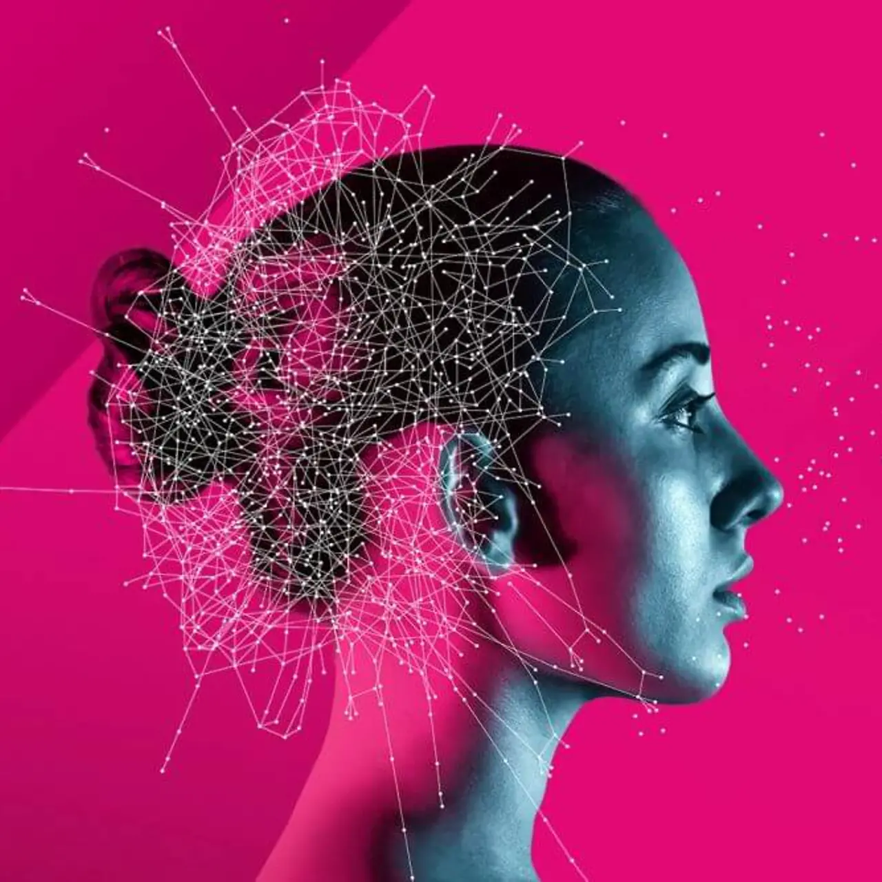Representación del hombre y la máquina convirtiéndose en uno solo con la cabeza de una mujer