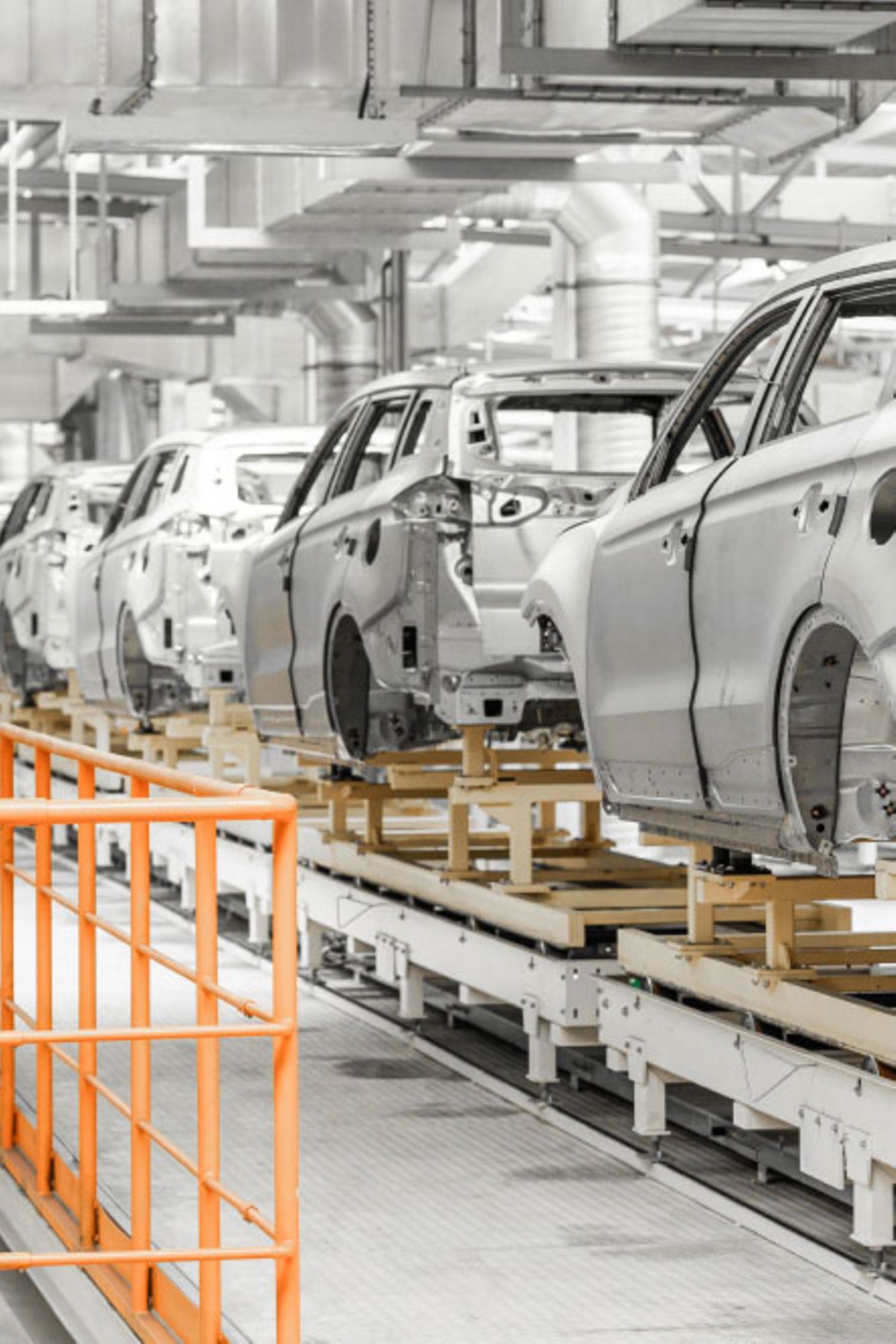production line with car frames