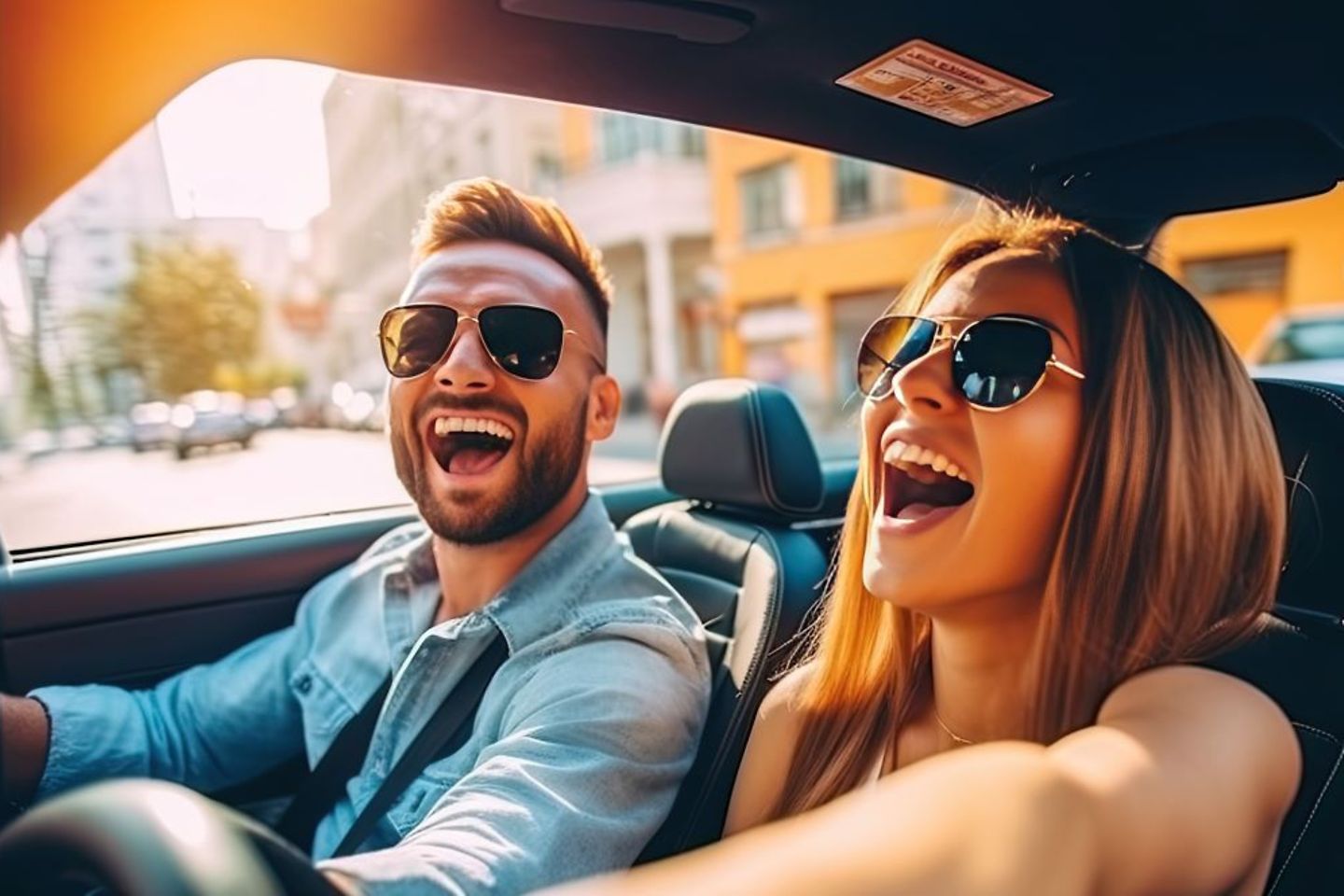 Happy young couple driving a convertible car