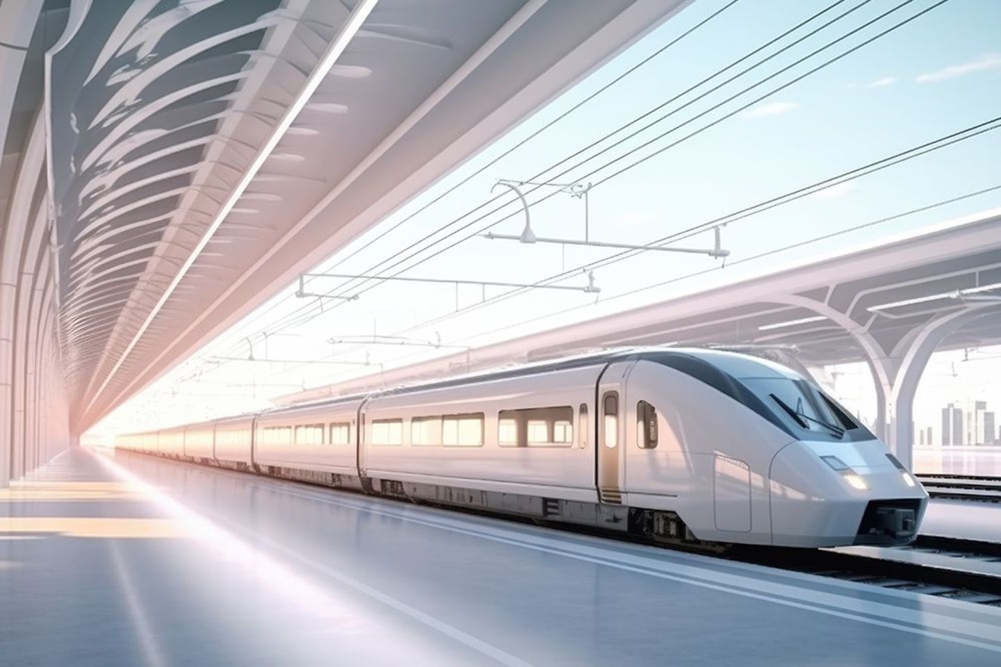 A white train traveling through a train station.