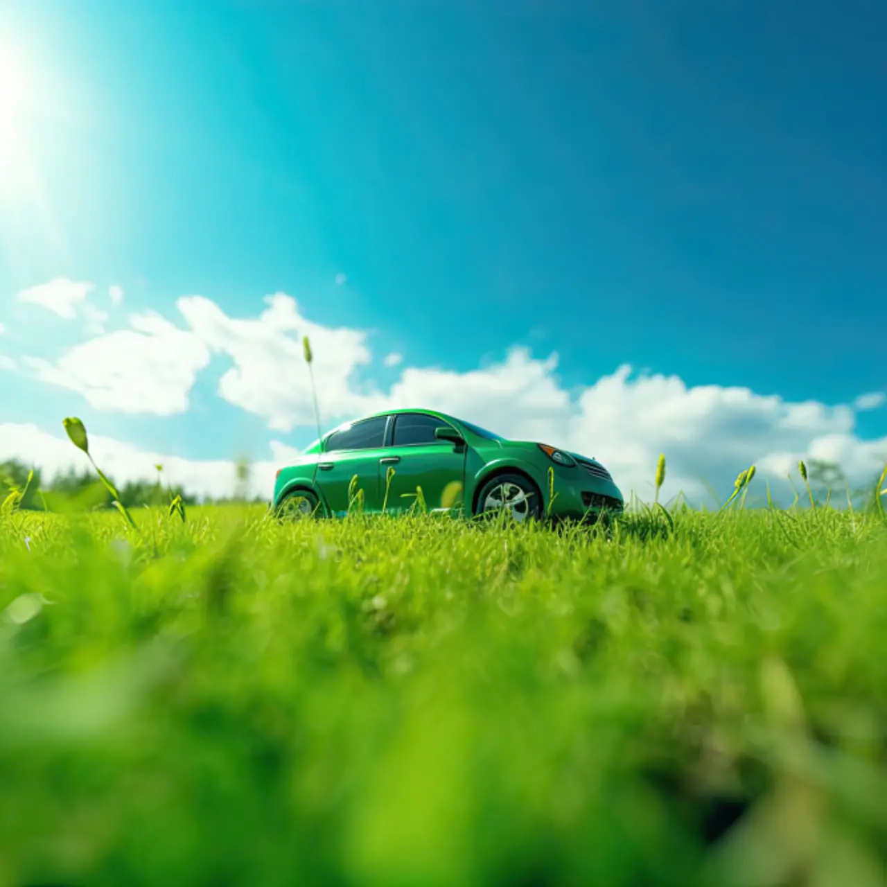 Um carro verde em movimento e um campo na primavera em primeiro plano