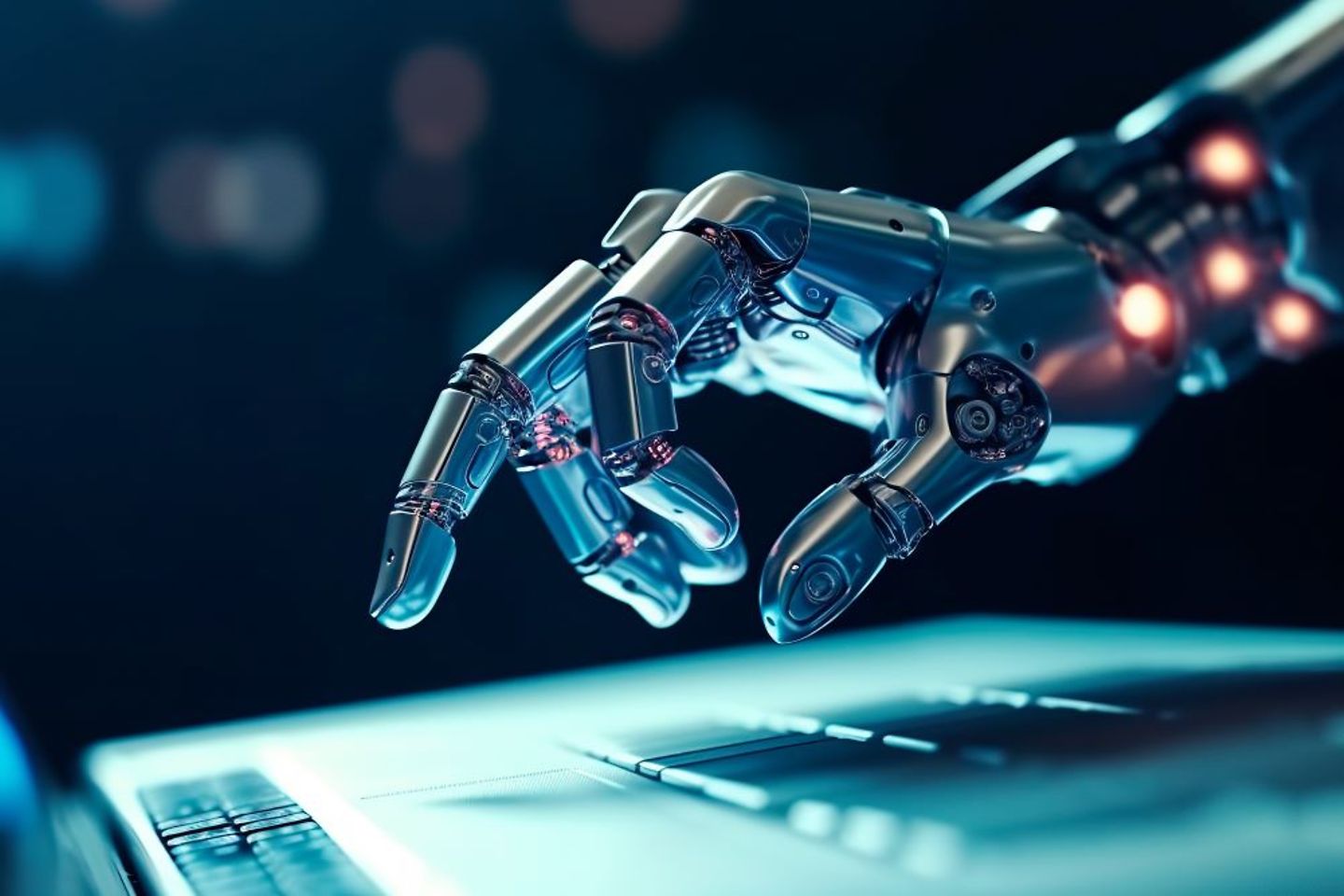 Roboter-Hand tippt auf Tastatur eines Laptops