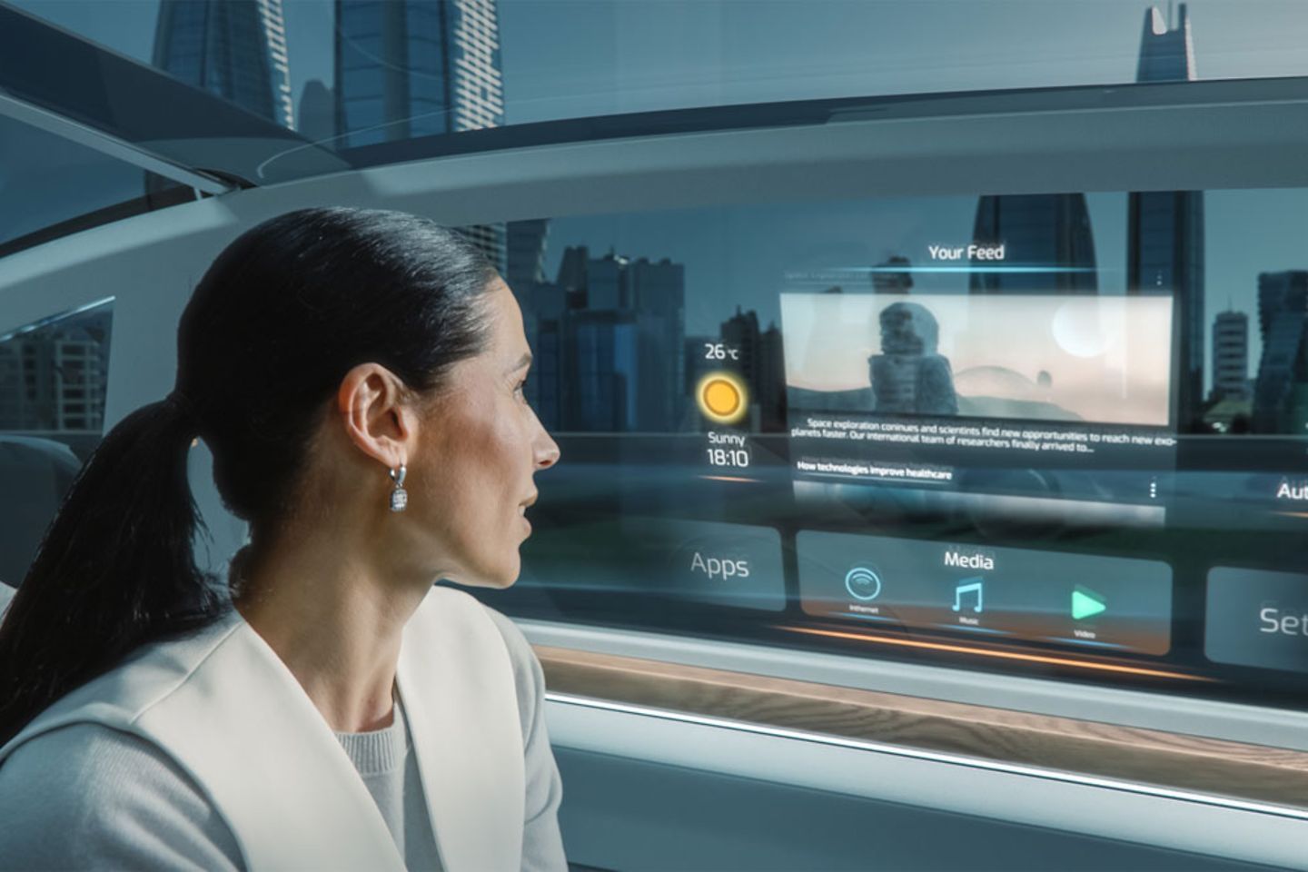 Imagen de una mujer leyendo noticias en una interfaz futurista de realidad aumentada