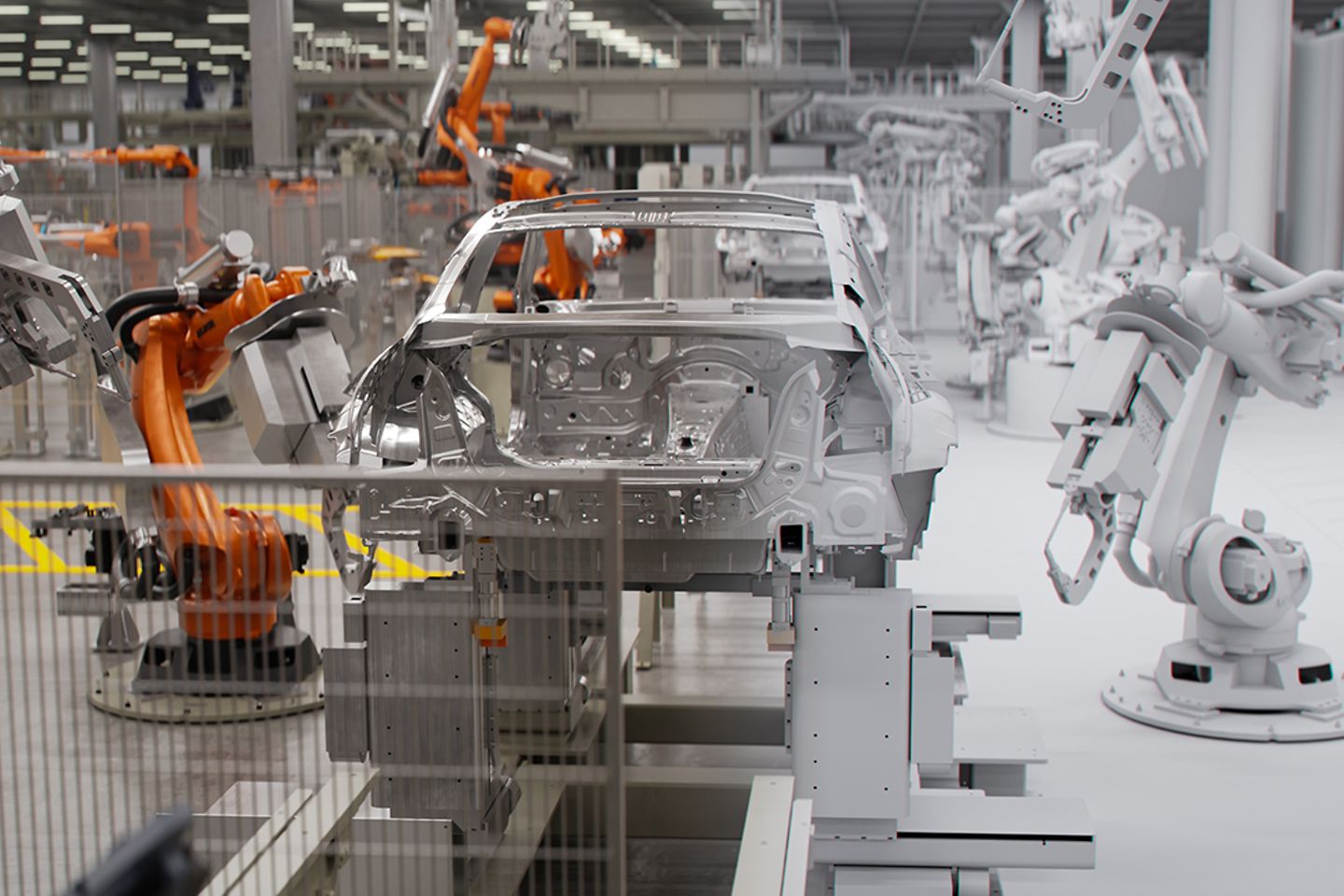 Auto in fabriek met robotarmen
