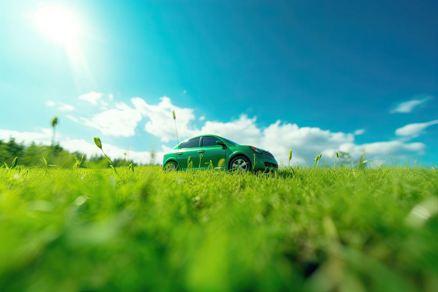 Une voiture verte en mouvement, au premier plan une prairie de printemps.