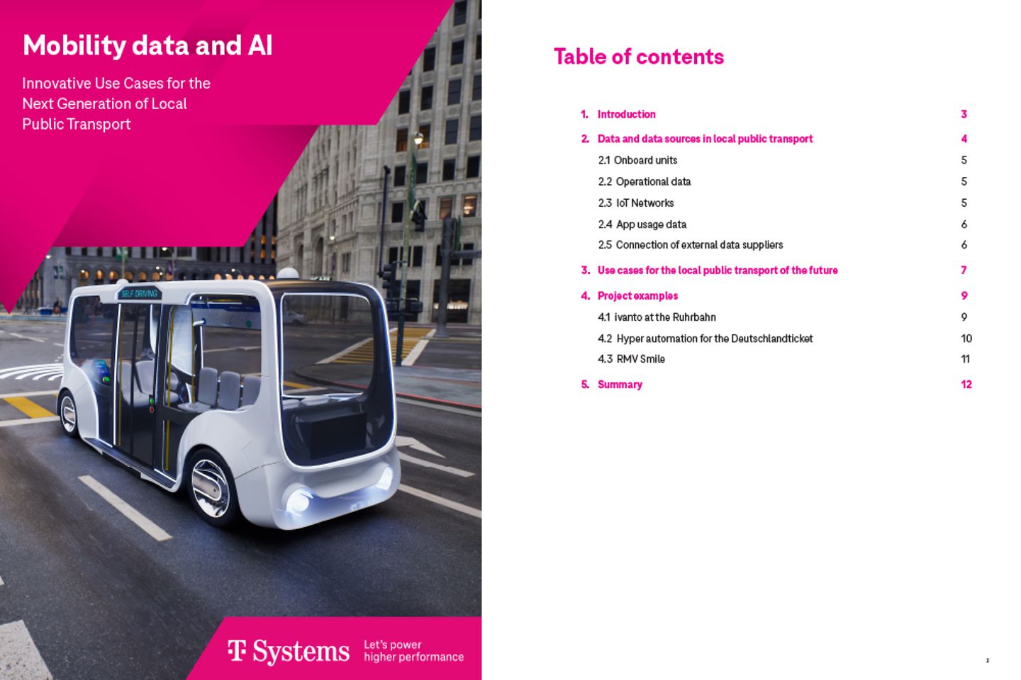 Cover and the next page as a screenshot showing the white paper: Mobility data and AI transforming public transport