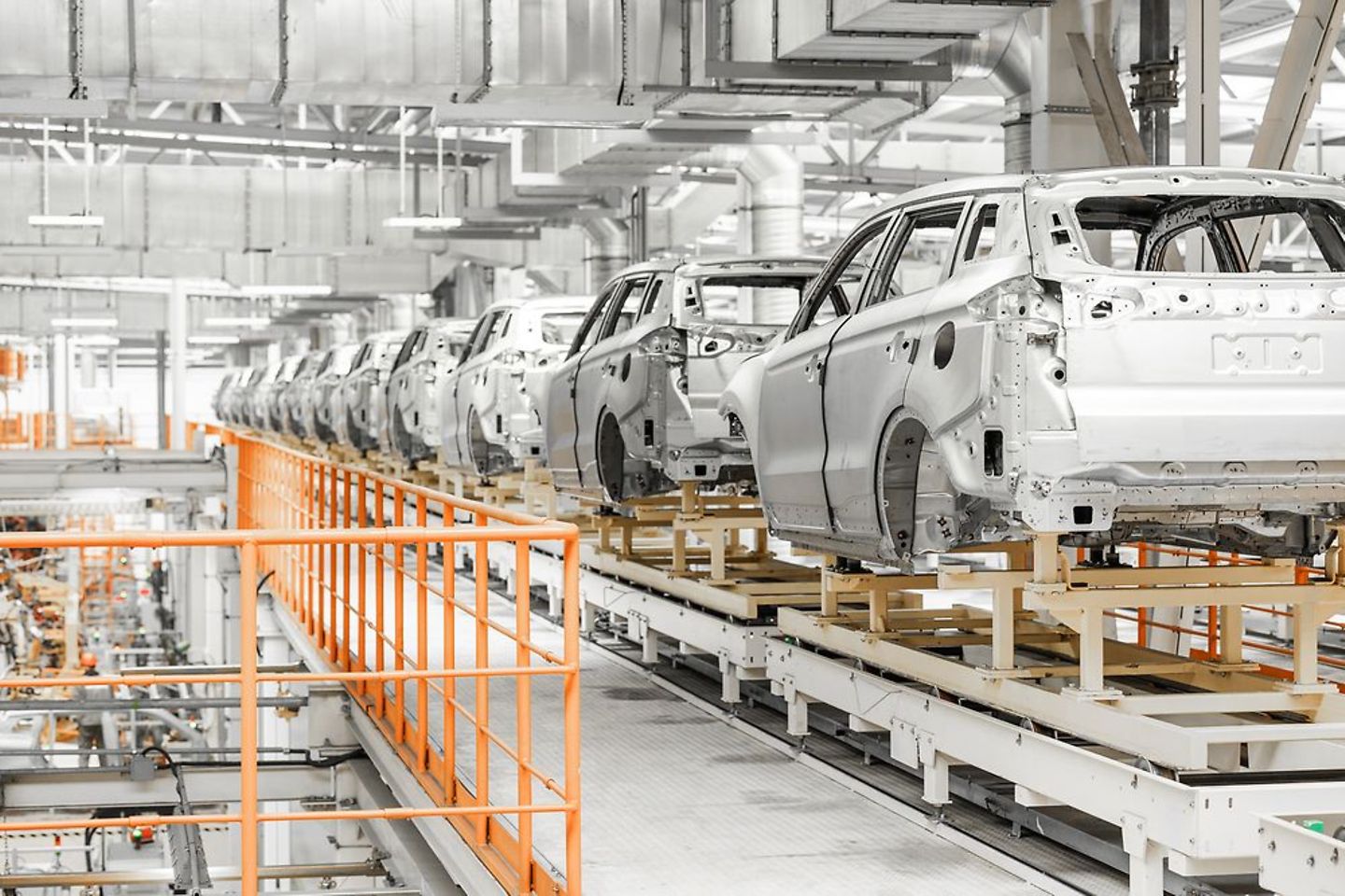 production line with car frames