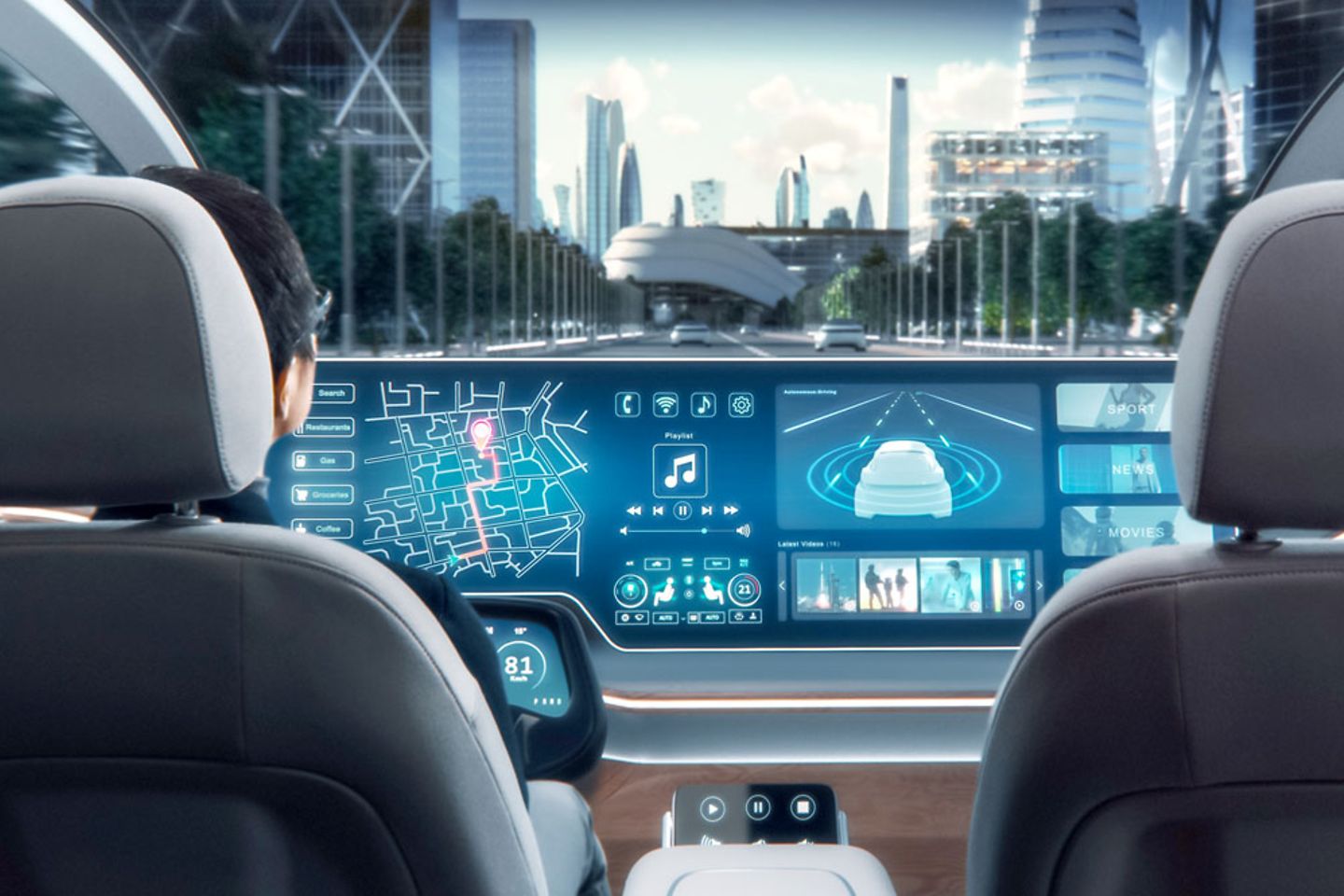  Futuristic navigation app in an autonomous self-driving electric car