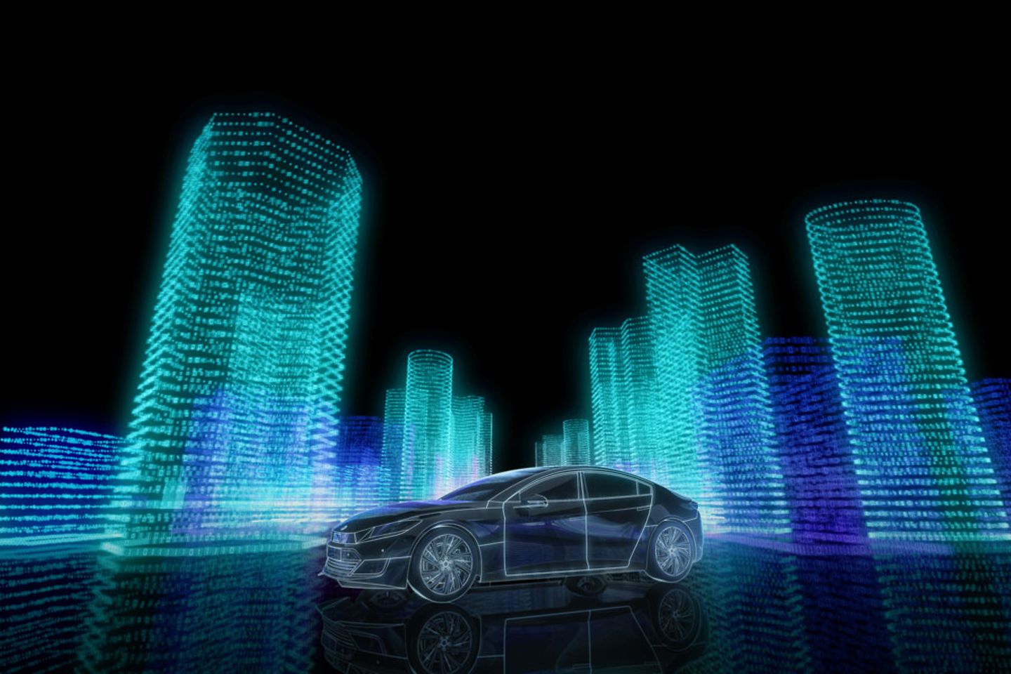 Virtuelles Auto vor blau-lilafarbener Datenlandschaft 