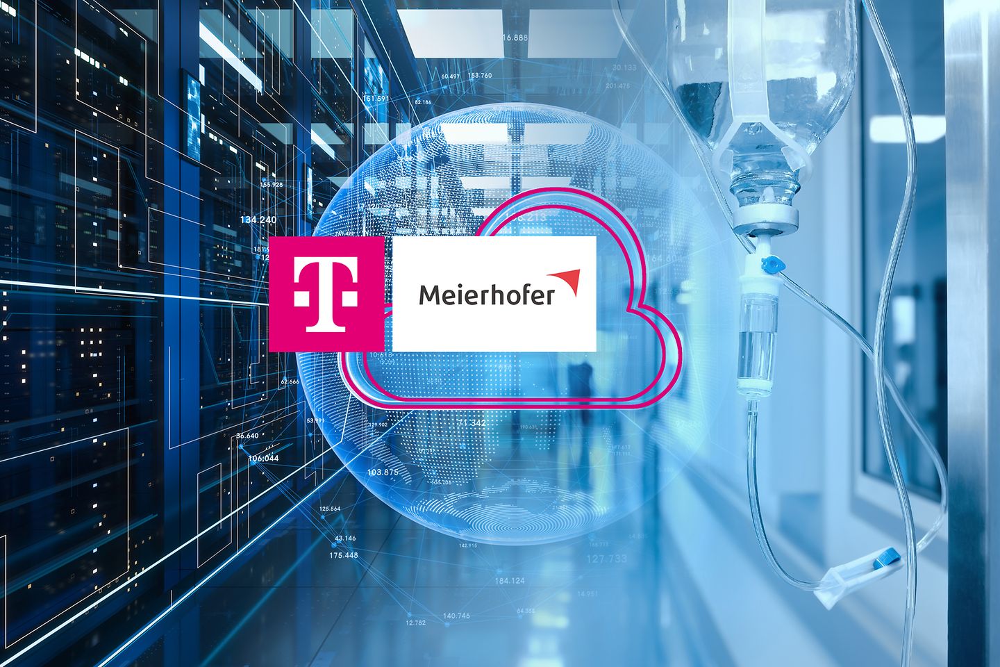 Die Logos der Firmen Meierhofer und T-Systems zusammen vor einer digitalen Weltkugel 