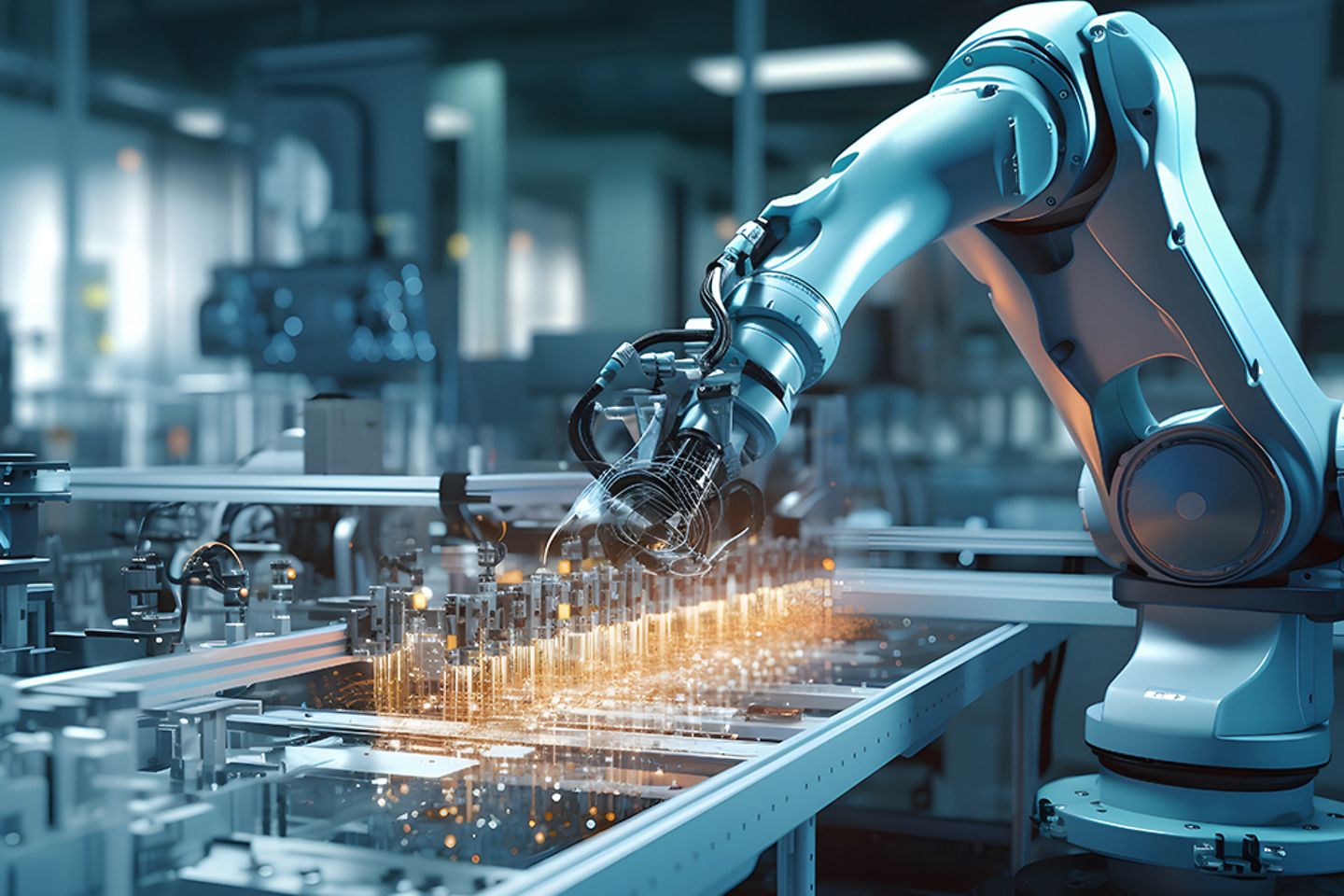 Welding robot in motion in the manufacturing industry