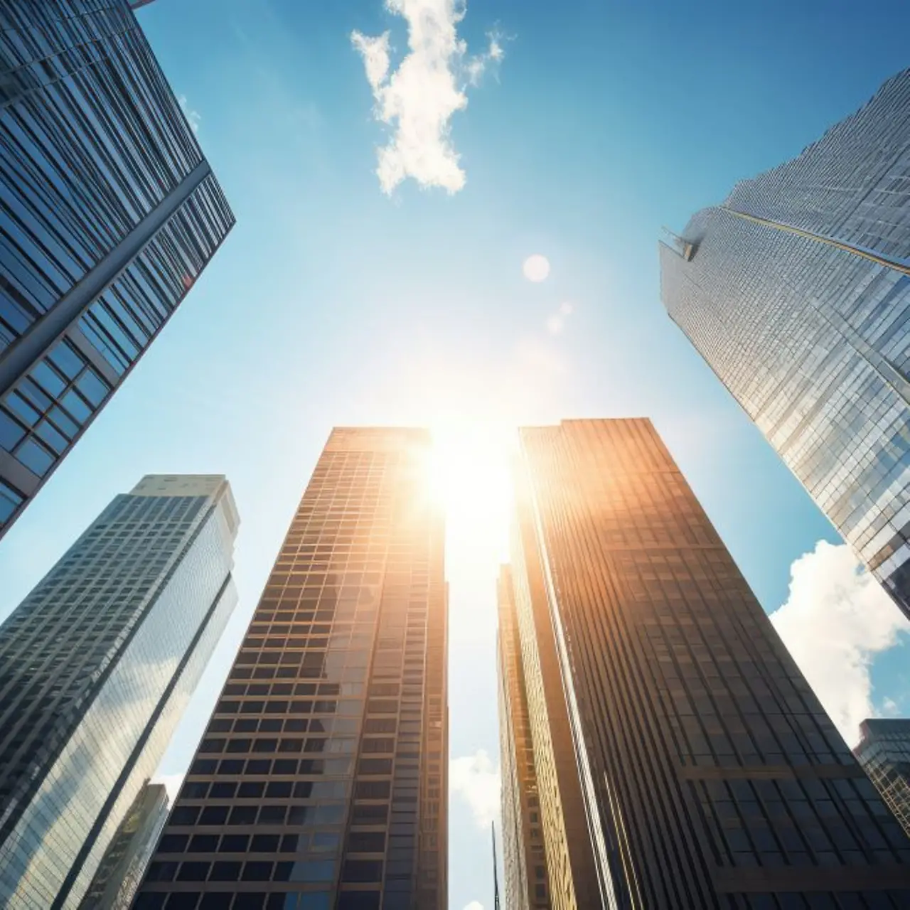 Blick vom Erdgeschoss auf die Wolkenkratzer der Bankgebäude