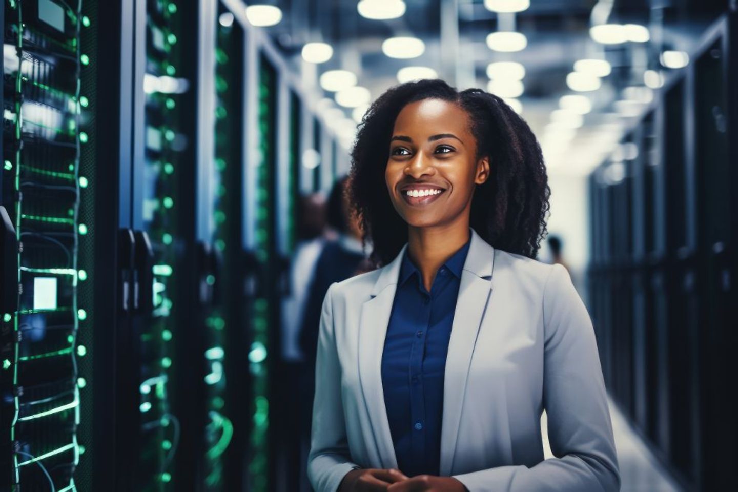 IT professional woman stands in the server room of a hospital. Checks the operation of IT-Systems servers and automation.