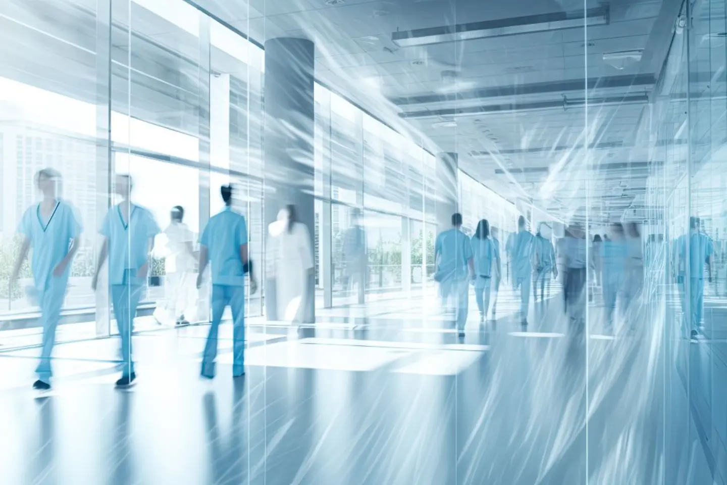 Animado pasillo de hospital con médicos en movimiento