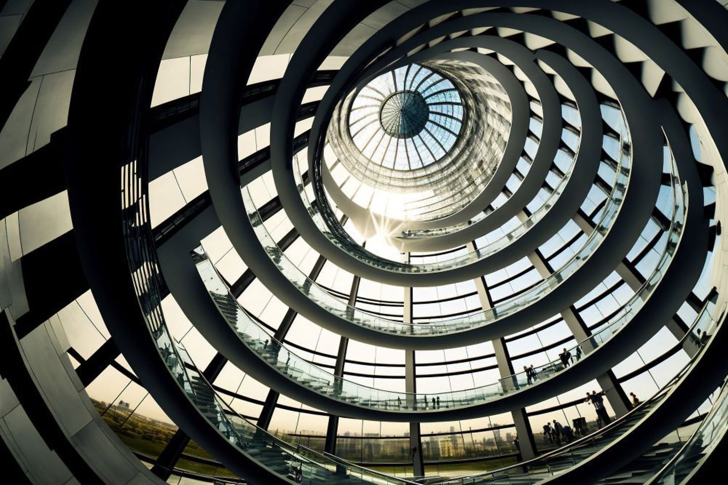 Modern spiral dome inside glass and metal building spiral stairway.