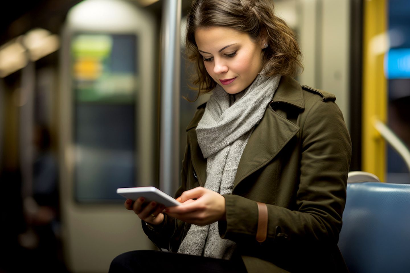  Female passenger using public transport app in the train