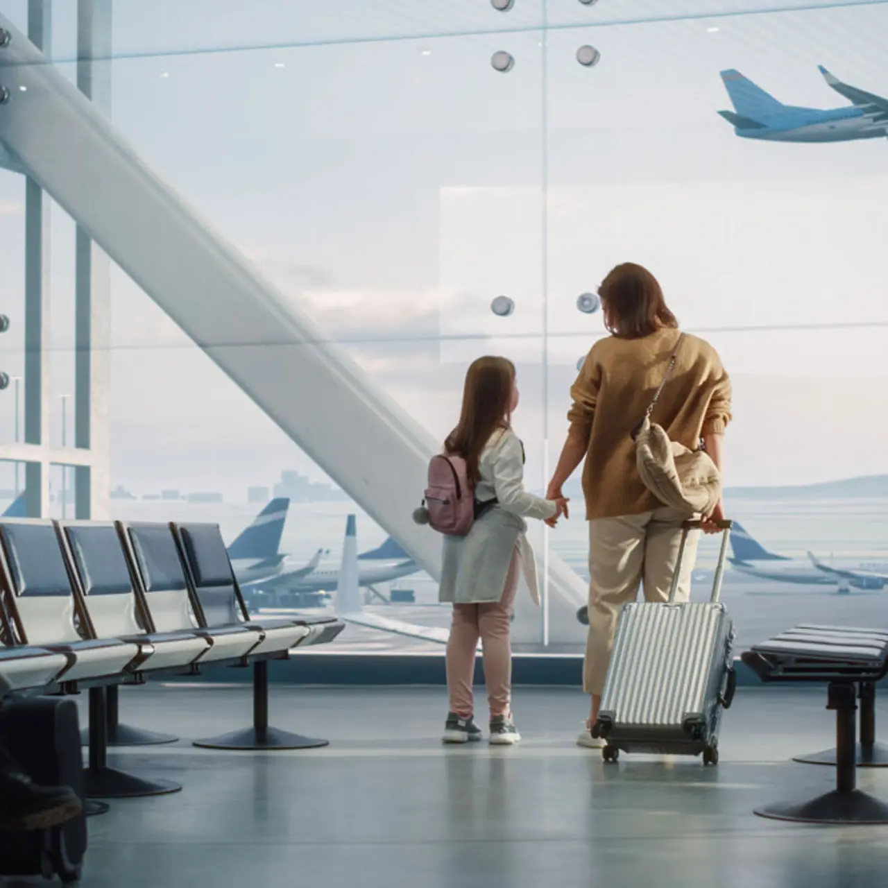 Mutter und Tochter stehen in der Wartehalle des Flughafens am Fenster und sehen Flugzeugen bei Start und Landung zu
