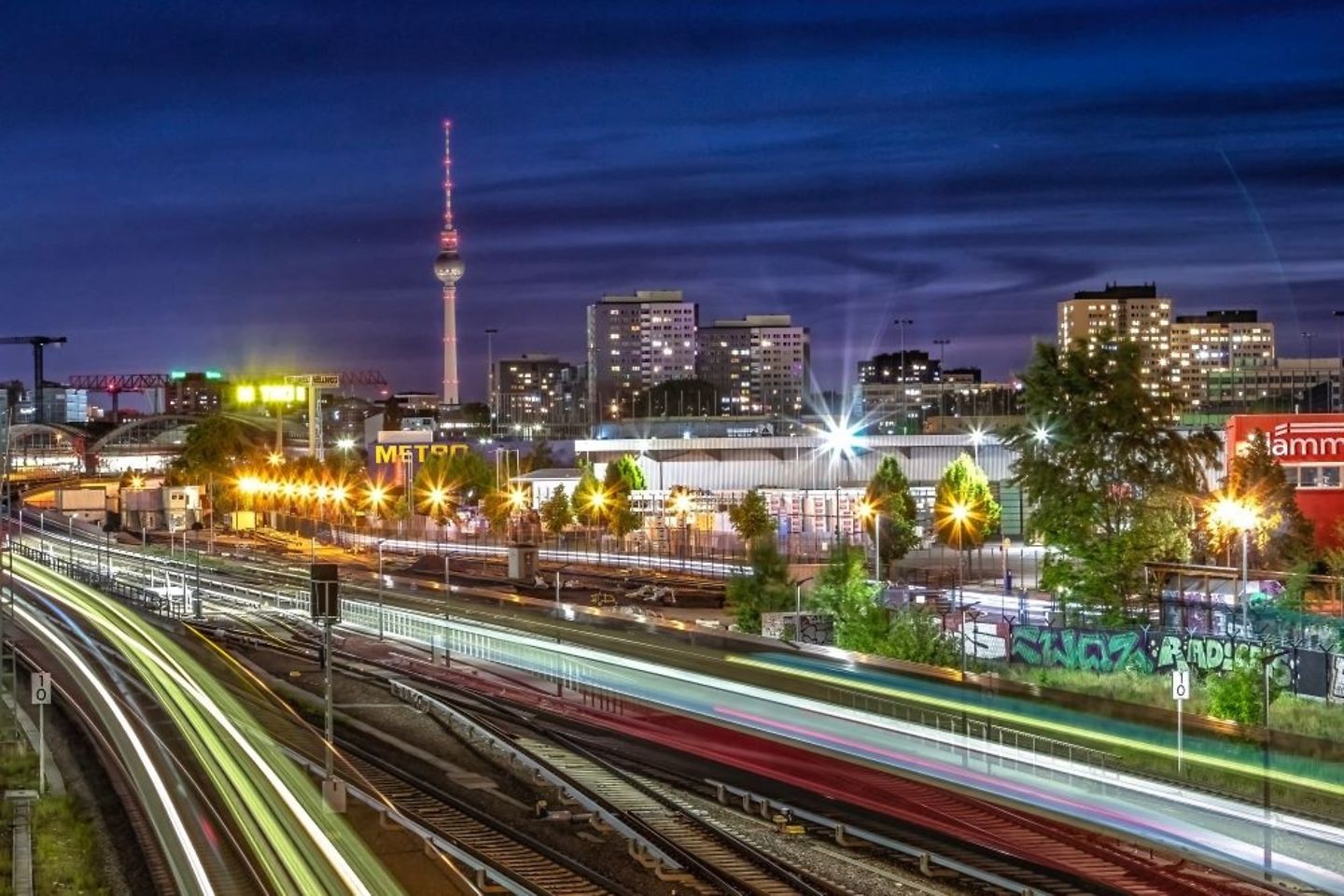 View of Berlin public transport trains at night