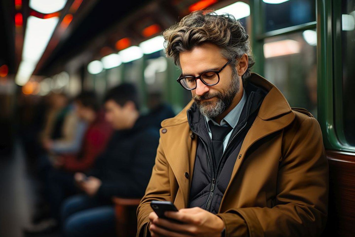 Man in glasses browsing internet inside a train
