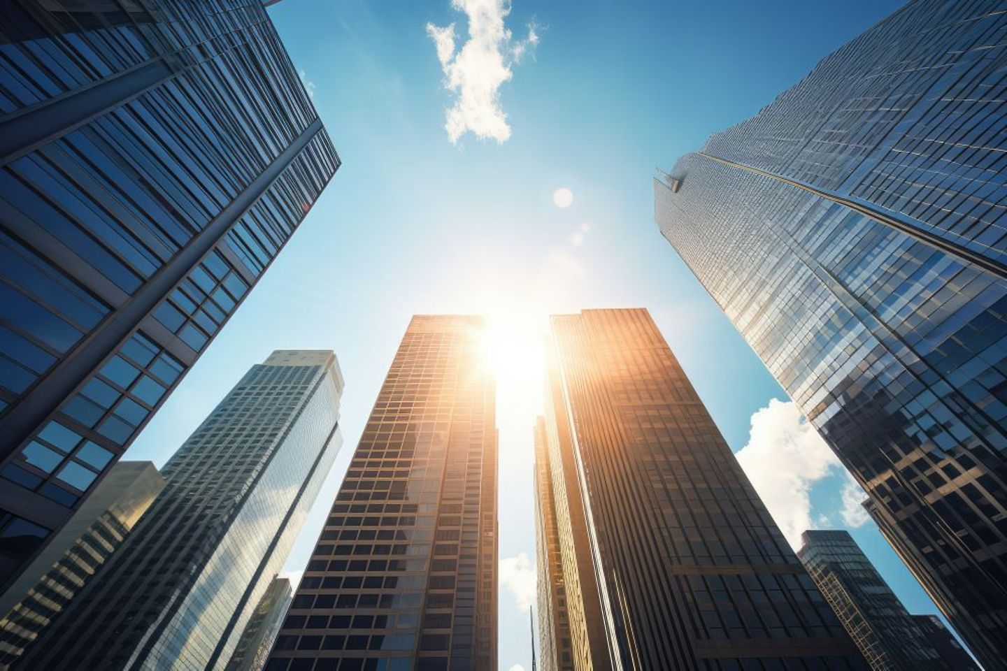 View from ground level up of banking skyscrapers